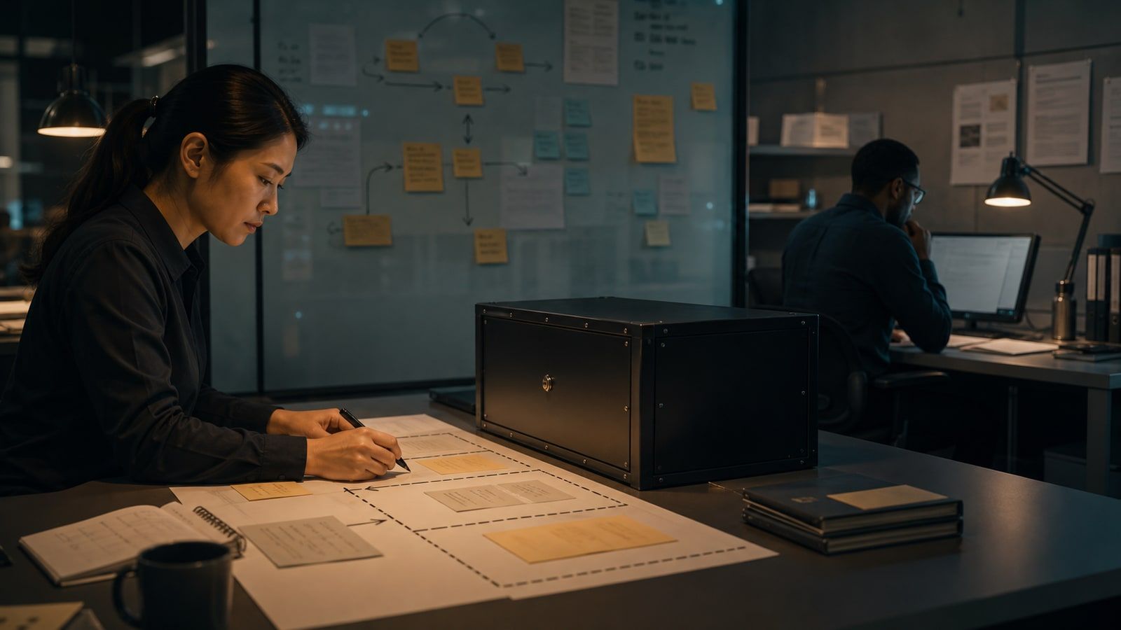 An analyst maps bounded external-signal paths beside a sealed model enclosure while an operator reviewer works separately.