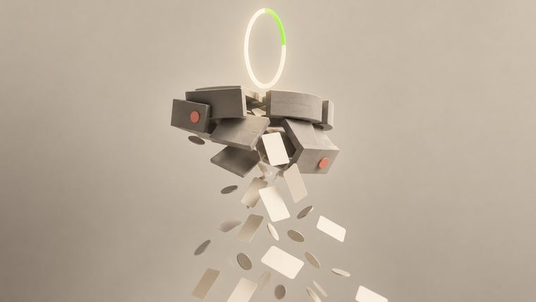 A glowing countdown ring above a cluster of muted grey tiles that break apart into a falling stream of blank documents.