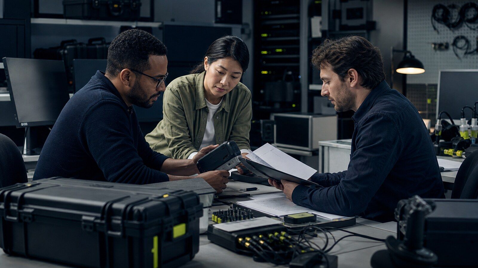 Three quality-assurance professionals review a test device and evidence folders in a neutral product laboratory.