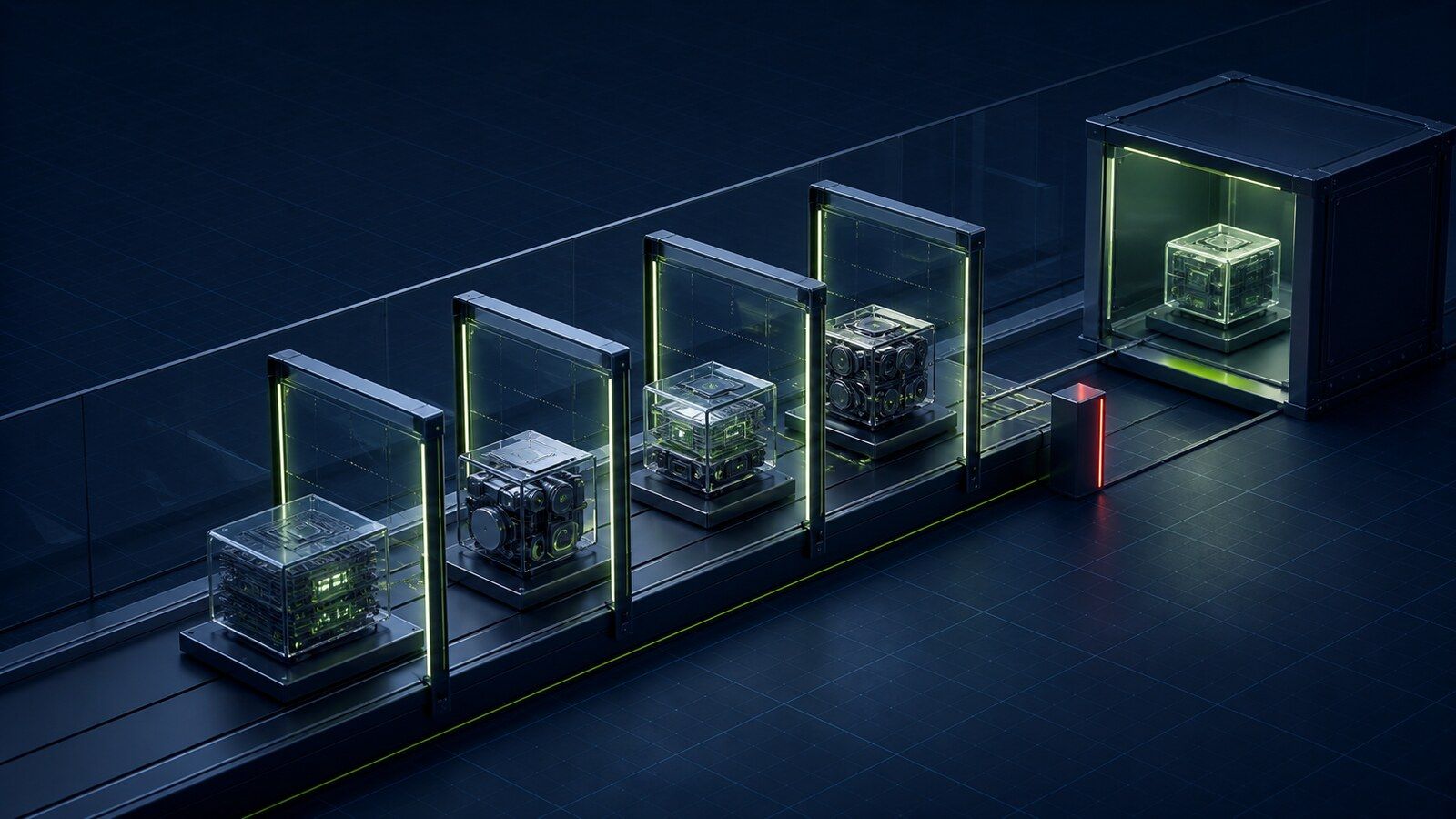 Abstract product components pass through bounded testing evidence gates before a separate release environment.