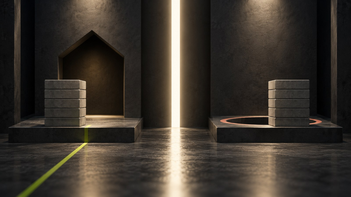 A bright dividing light splits a dark modular room into two masses of identical grey blocks that face each other.
