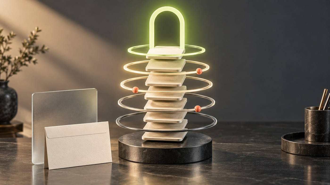 An abstract stack of licence plates rises past five graded rings into a single open gate.