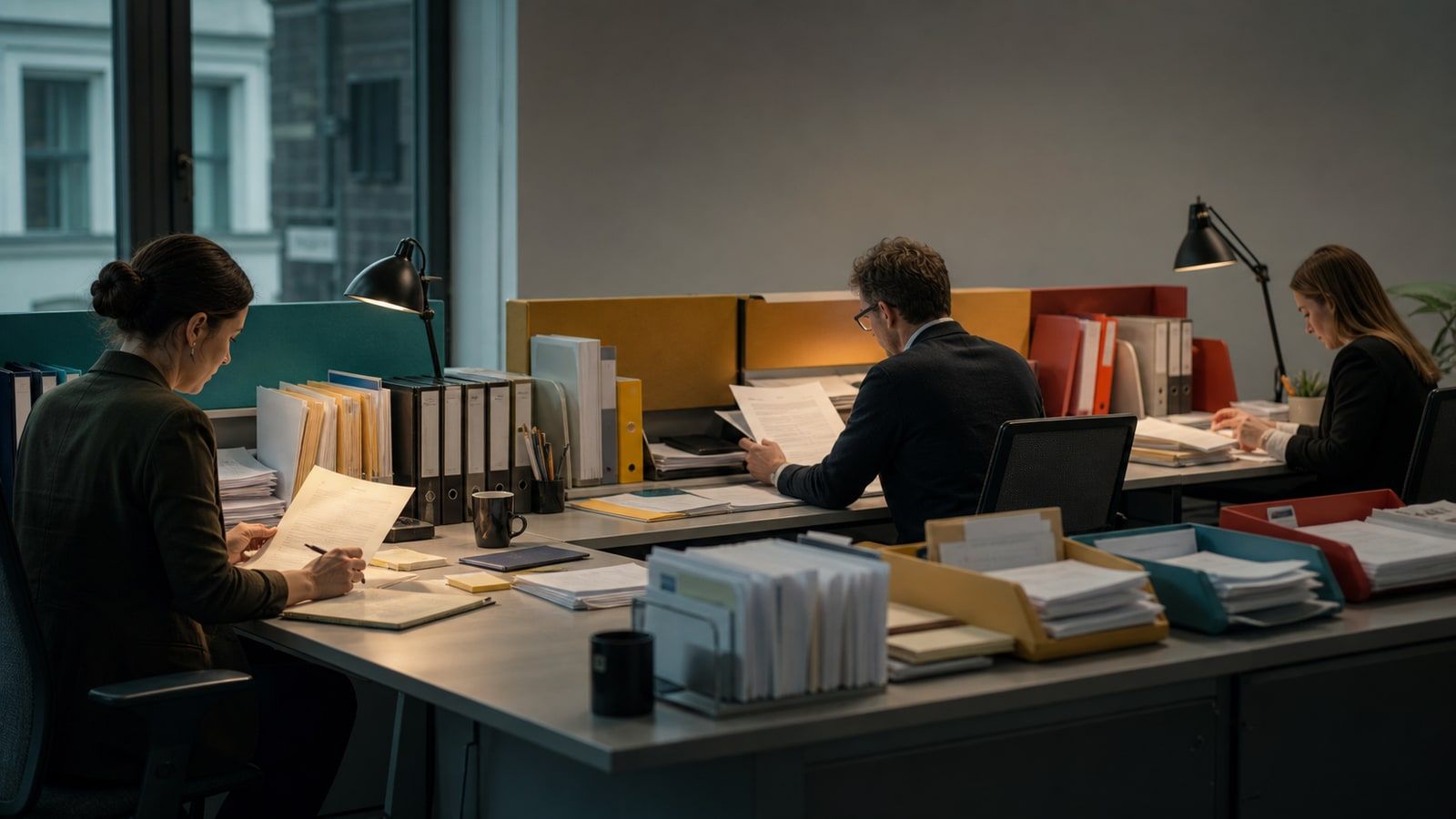 Three researchers work across separate country dossier bays and color-bounded legal-review trays in a regulatory newsroom.