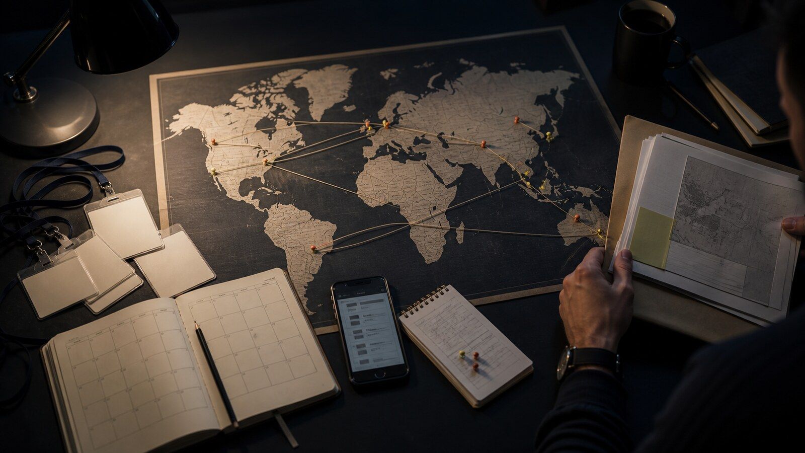 A conceptual newsroom planning desk with a world map, neutral event badges, calendar and source notes.