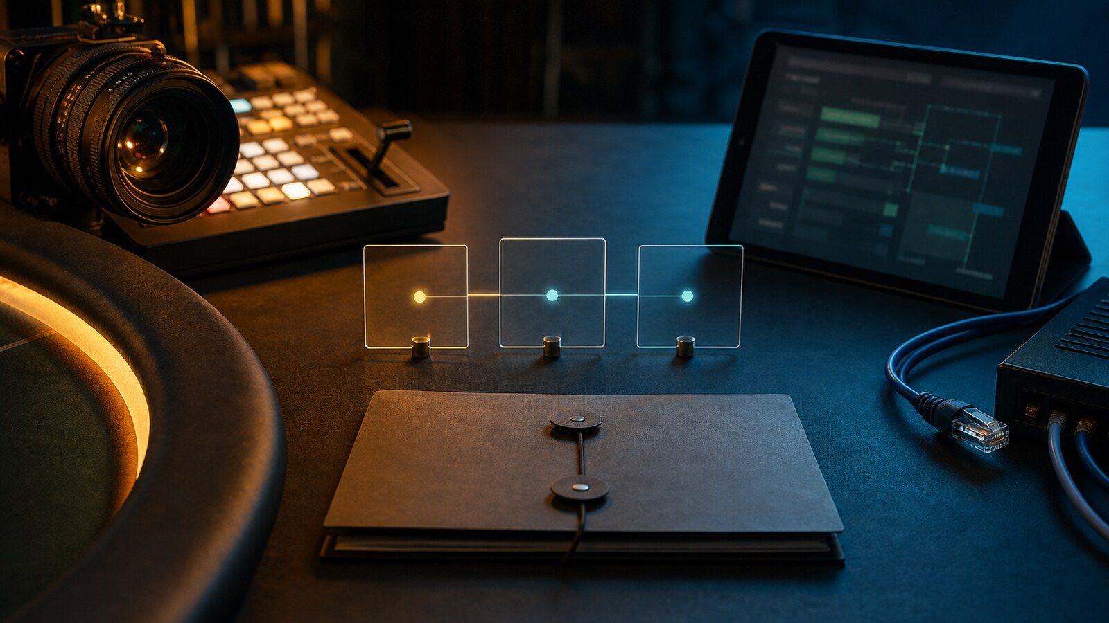 An unbranded studio camera system and operator workstation connect across three transparent evidence plates and a closed agreement folder.