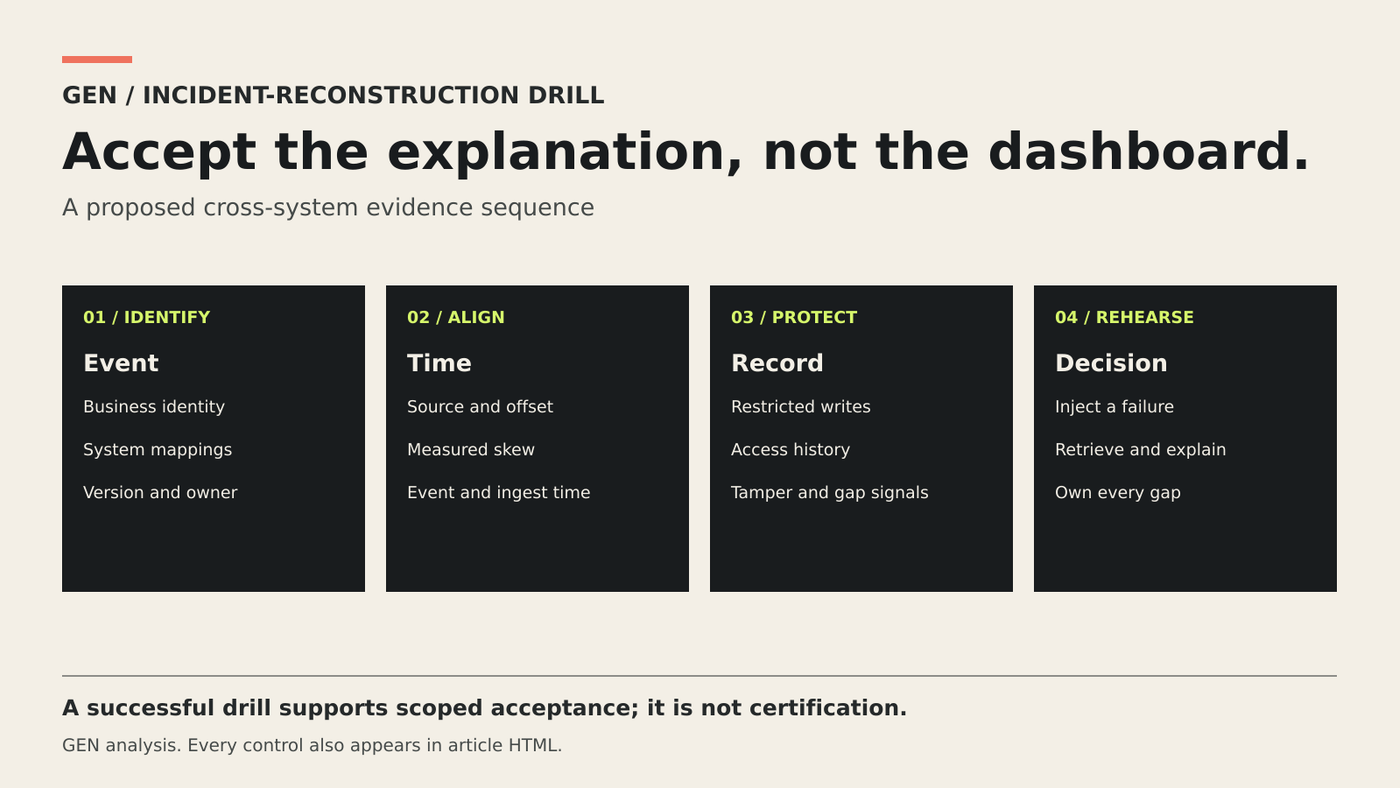 Four acceptance stages require teams to identify the event, align time, protect the record and rehearse retrieval.