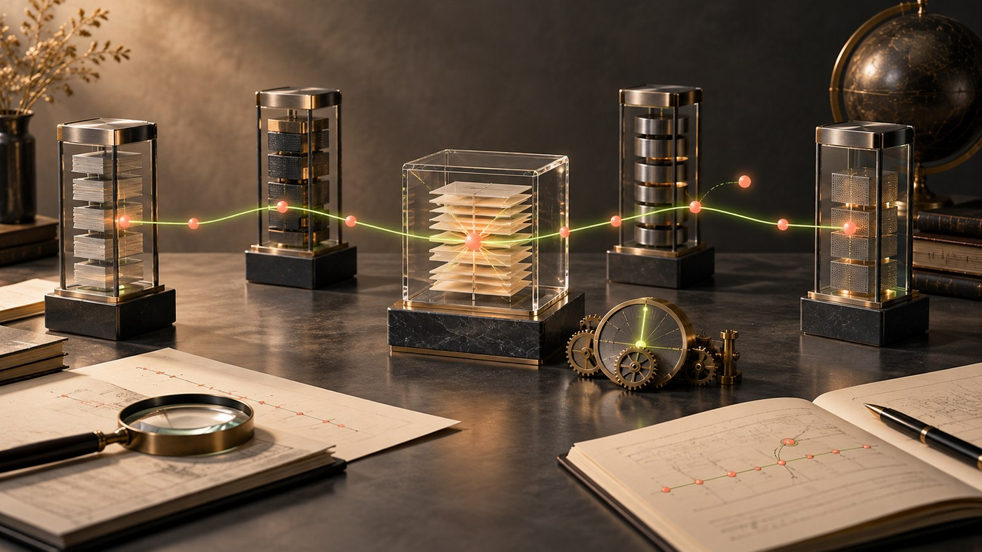 Four abstract system towers connect through lime and coral event markers to a sealed evidence archive beside a clockwork alignment mechanism.