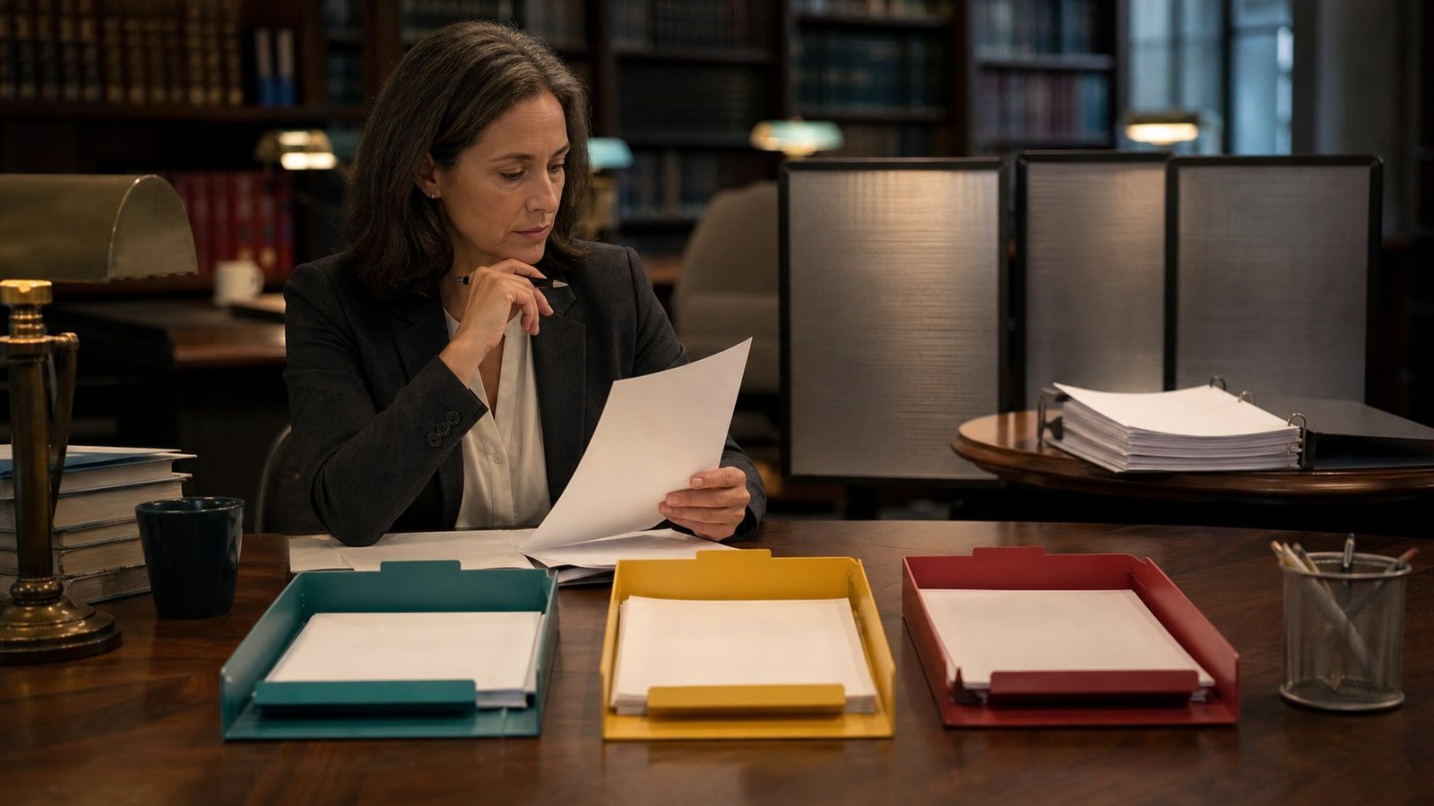 A policy researcher reviews three separate product-scope trays beside neutral proposal screens and a distinct current-law binder.