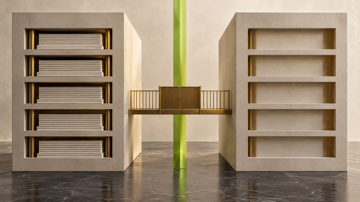 Two matching architectural volumes face each other across a narrow lime-green divider, one opened into layered archive shelves and one a hollow shell, joined by a single gated brass bridge.