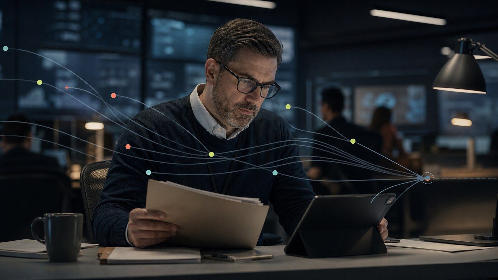 A risk-operations analyst reviews a neutral case folder and tablet as restrained evidence signals converge into a review path.