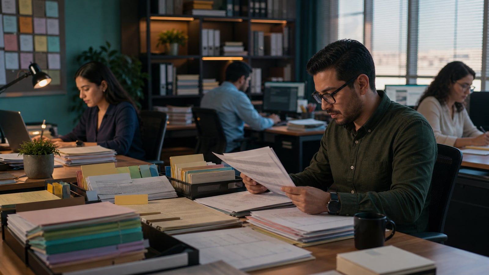 A multilingual research team reviews separate color-coded country dossiers and source folders in a regional newsroom.