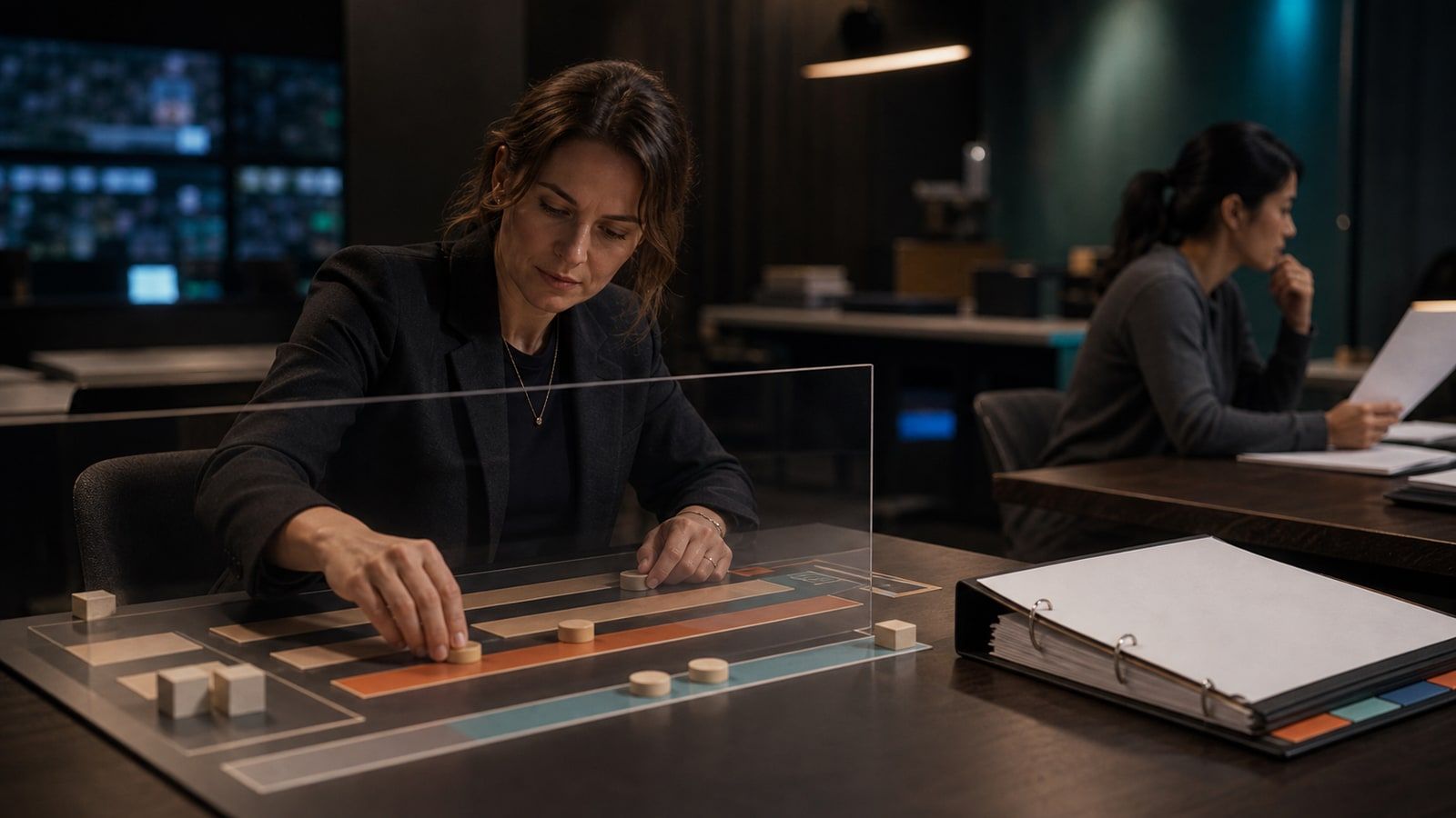 A legal-policy editor moves neutral tokens through blank proposed-threshold lanes while a current-law binder remains outside a review divider.