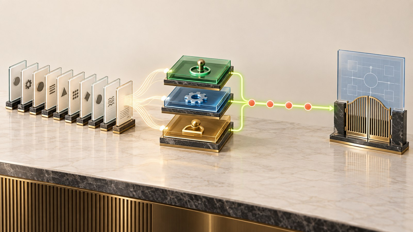 Abstract review modules feed three transparent system layers and four consultation checkpoints before a closed blueprint gate.