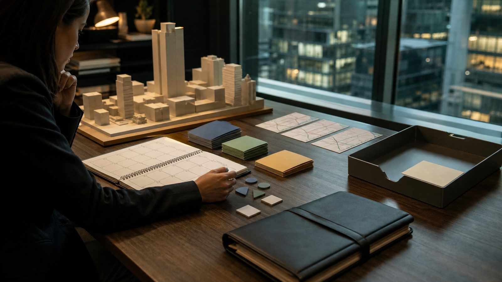 An event researcher reviews blank calendar blocks, access tokens, an anonymous New York venue model, and an incomplete program tray.