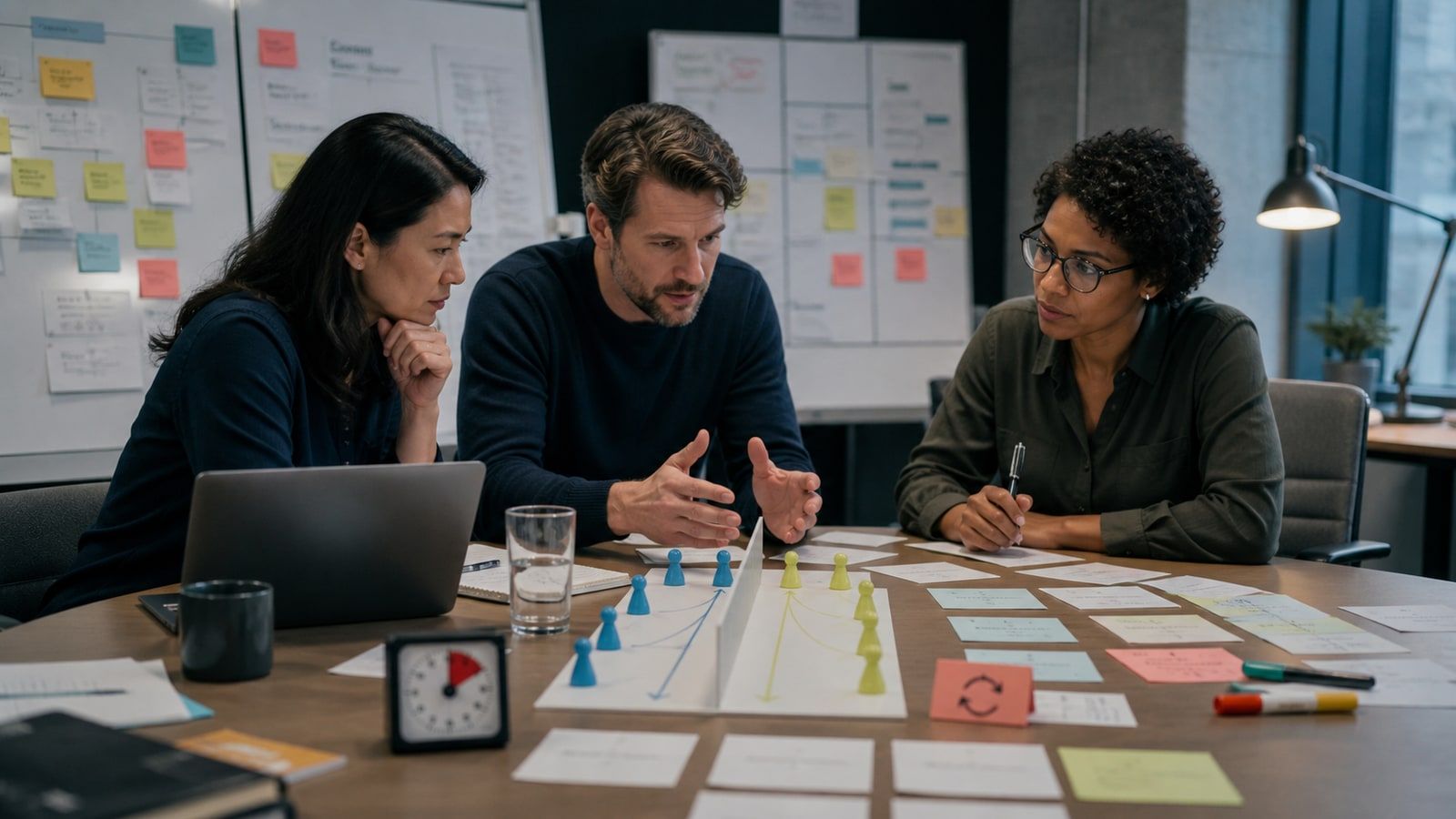 Three product, analytics and compliance professionals review control and test paths around a tabletop experiment model.