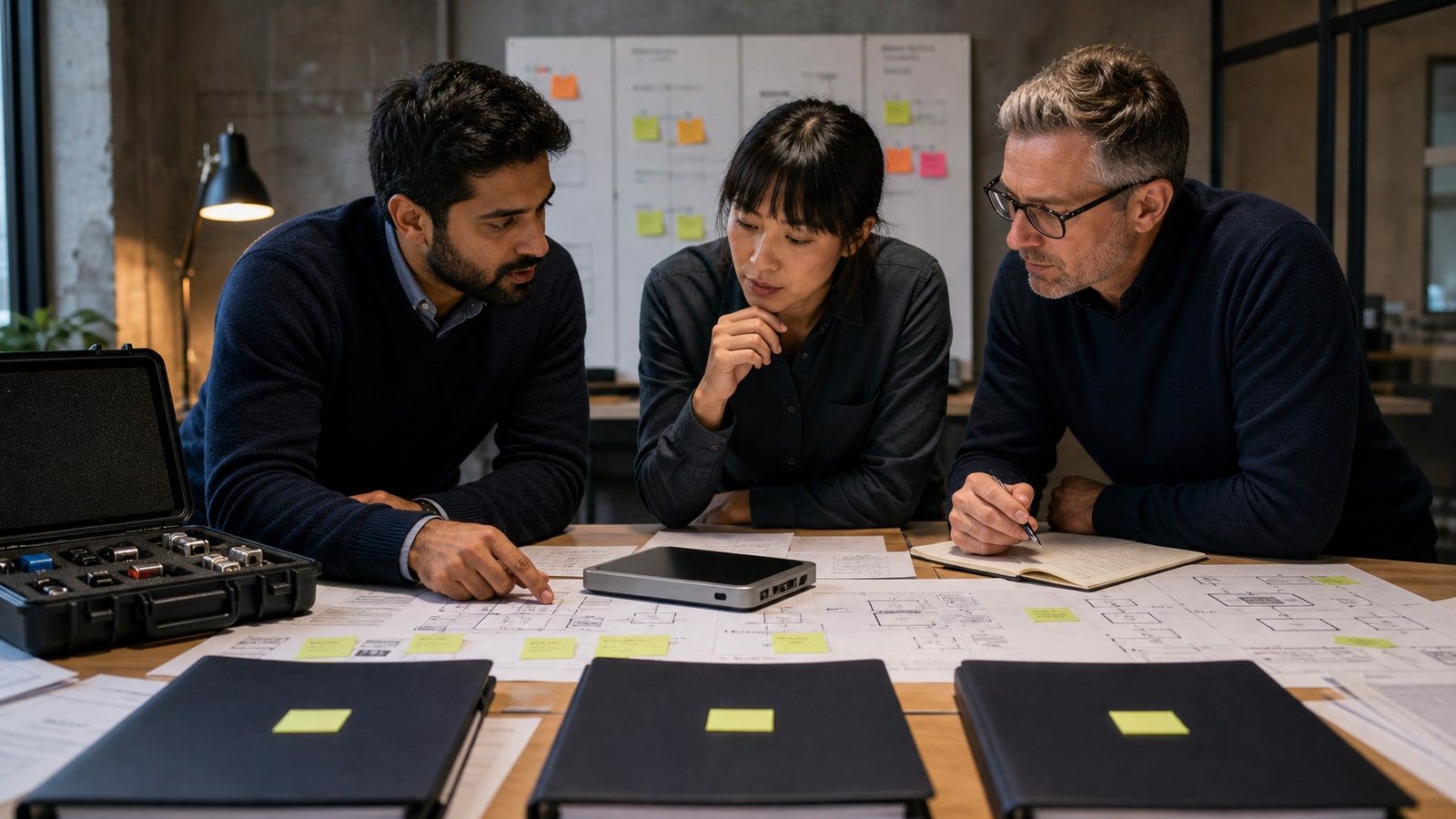 Three product, engineering and procurement professionals compare equal evidence folders, an integration kit and architecture plans.