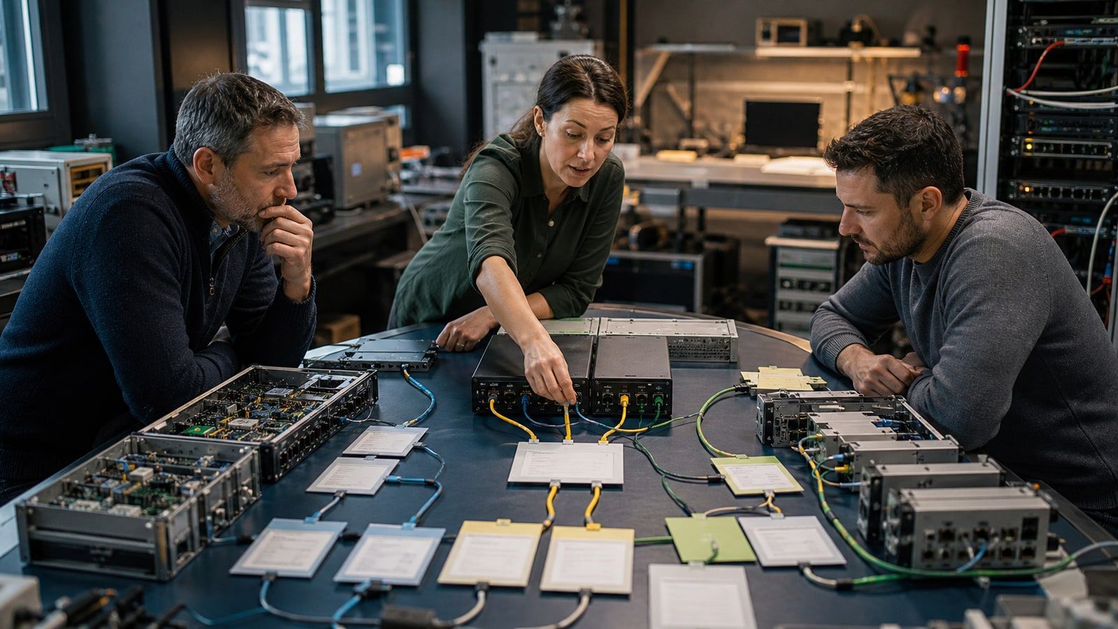 Three technology professionals compare custom components, ready-made modules and connected specialist systems around a central operations core.