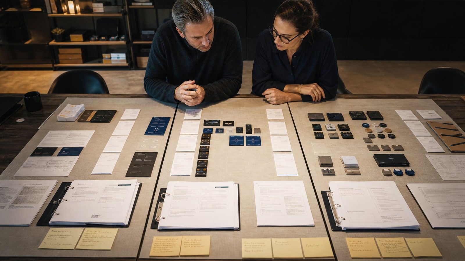 Two decision-makers compare three equally weighted platform delivery work lanes across an evidence-covered workshop table.