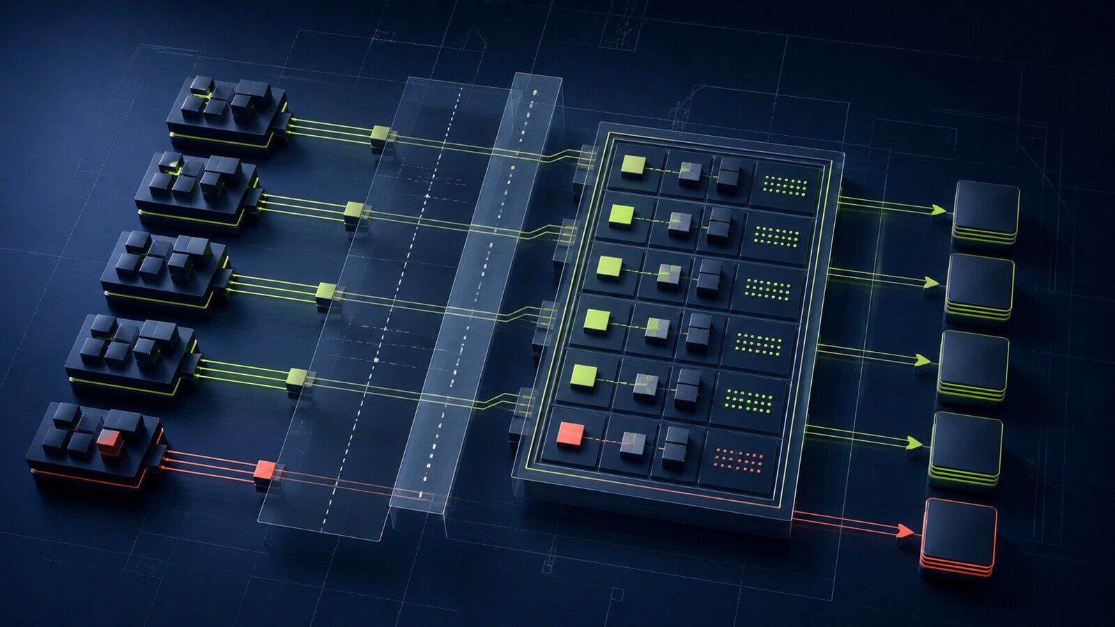 Modular supplier capability blocks align against structured request fields with visible interface and exception paths.