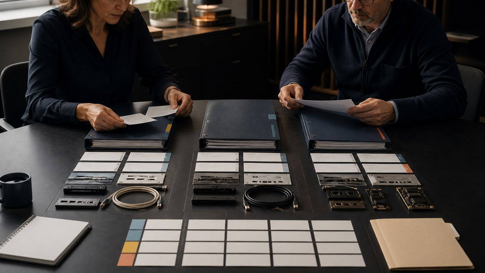 Two procurement professionals compare three parallel sets of evidence binders, interface samples and responsibility cards.
