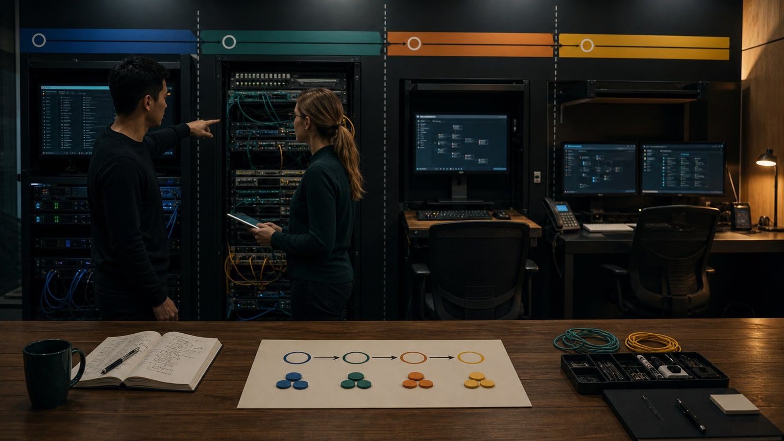Two engineers trace four color-bounded service stages across server racks, integration workstations, and an operator control desk.
