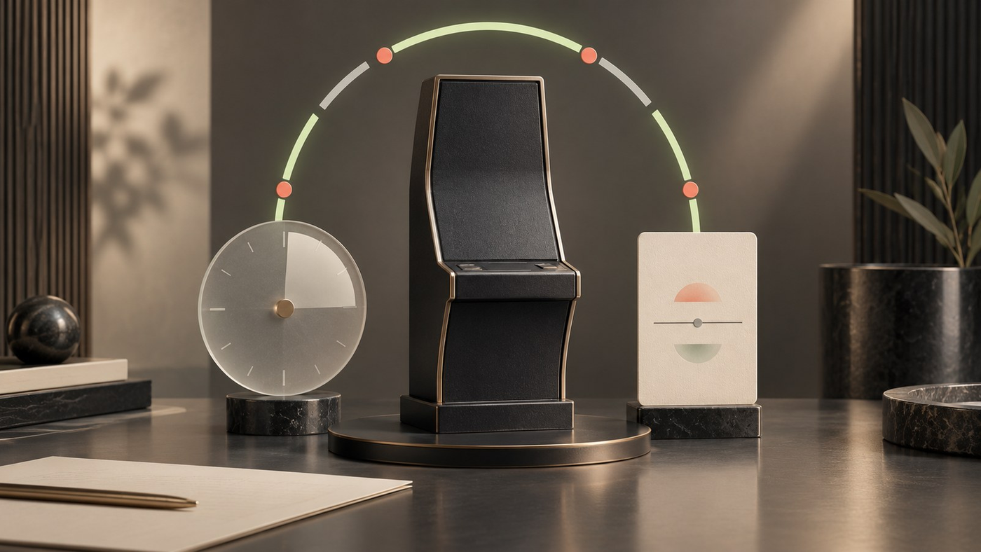 An abstract machine-like plinth, a frosted dial and a sealed card sit beneath a lime time arc broken by two gaps.