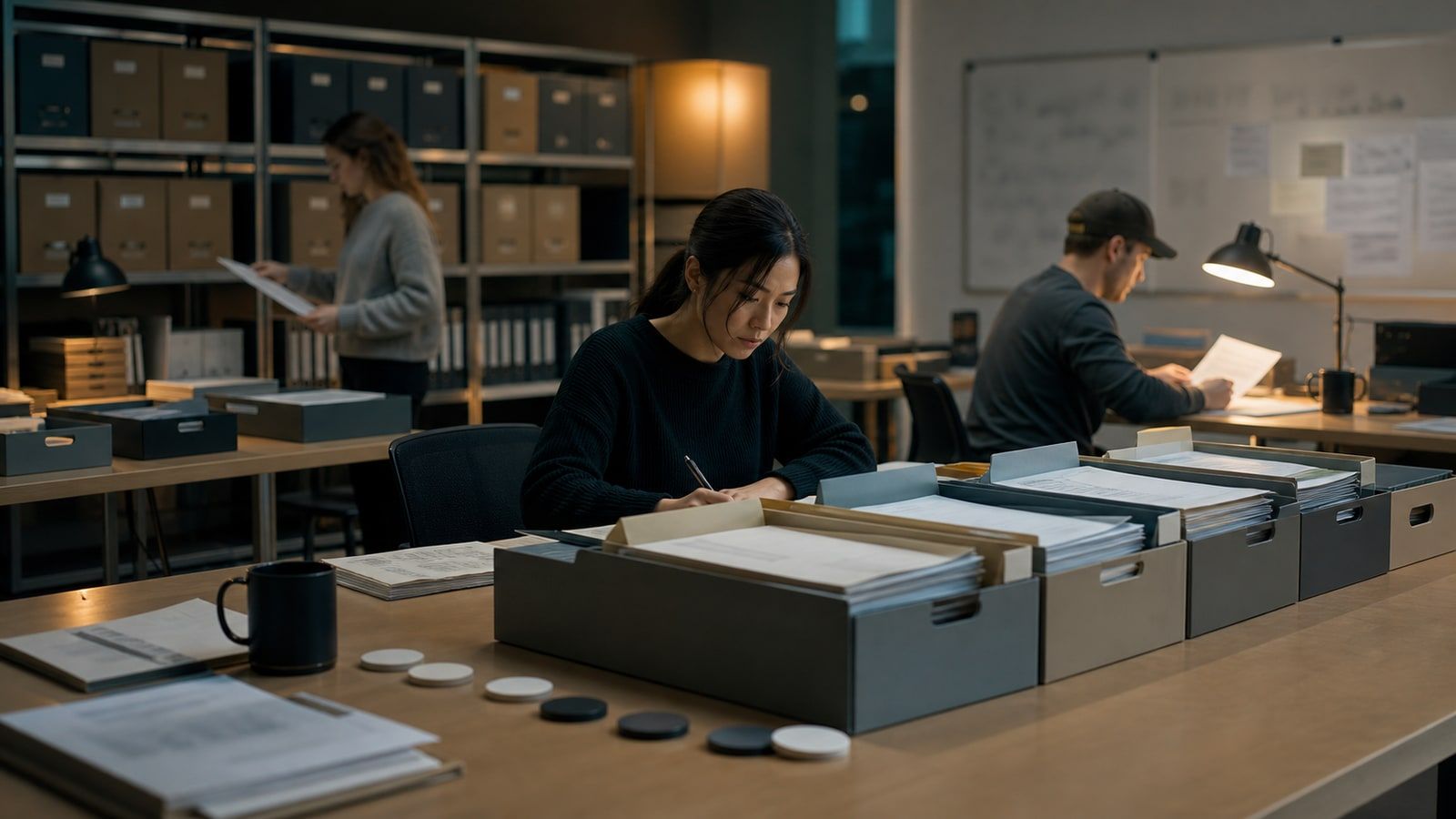 Researchers maintain separate jurisdiction evidence boxes, product folders, and review tokens across a state-level research room.
