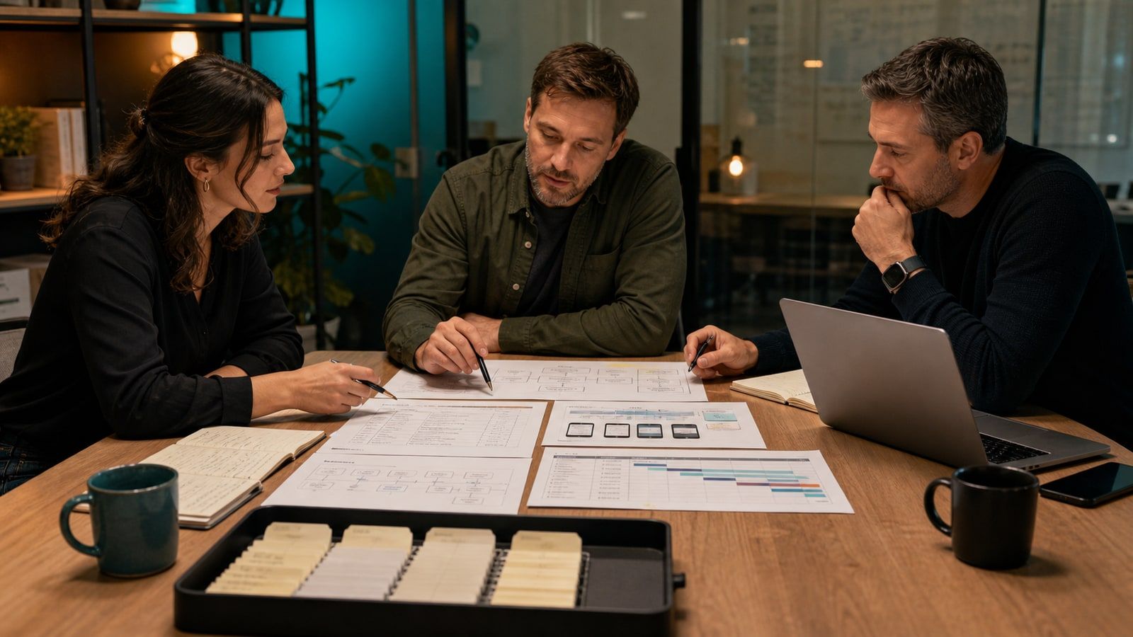 A product owner and two technical estimators review architecture sheets, delivery stages, device needs, and unresolved scope cards.