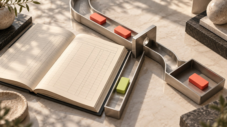 Coral tokens approach a metal gate beside an open ledger, with a lime token in one channel and a coral token in a return tray.
