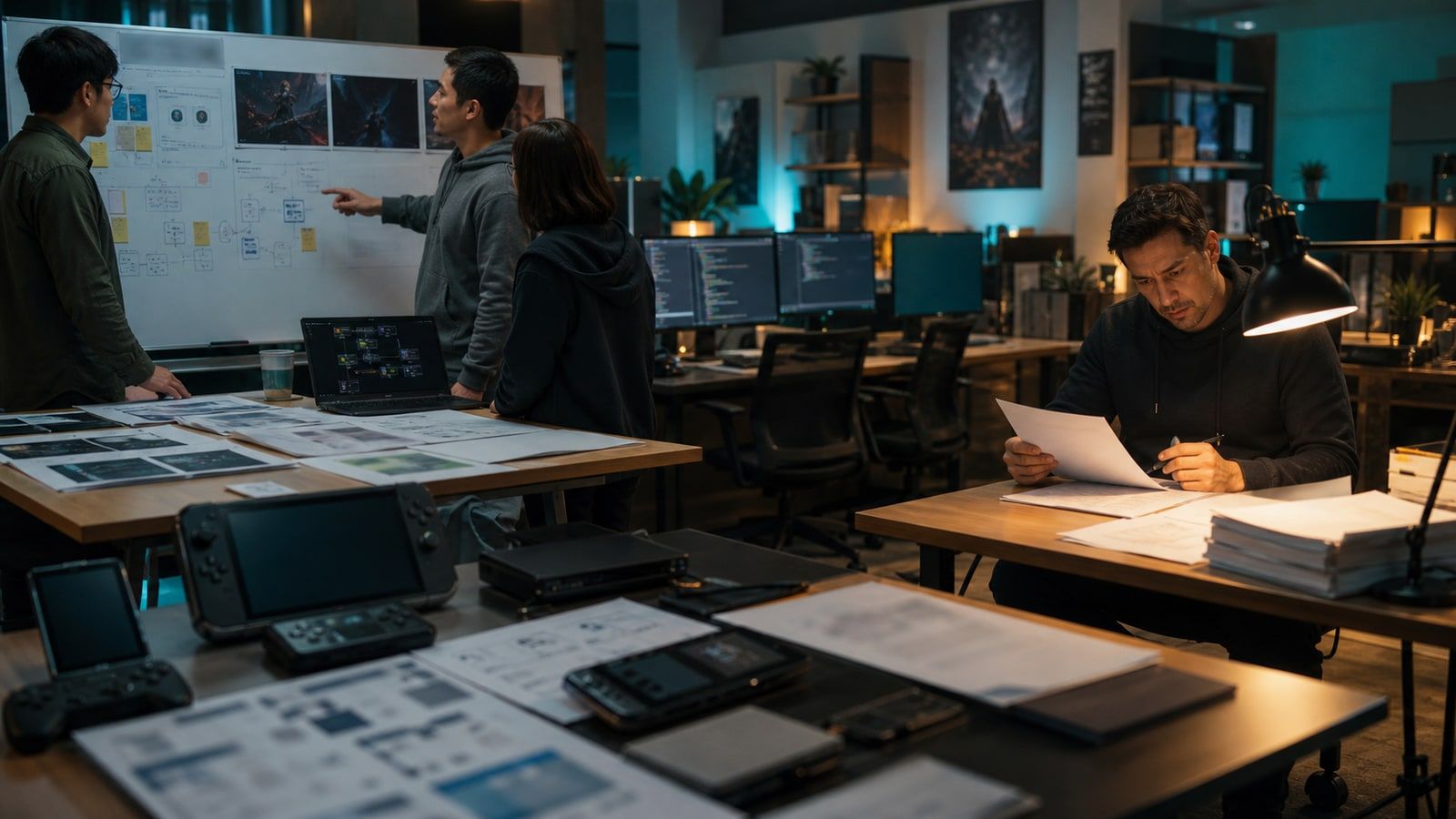 A software studio team reviews game-build devices and integration plans while a separate reviewer checks delivery evidence.