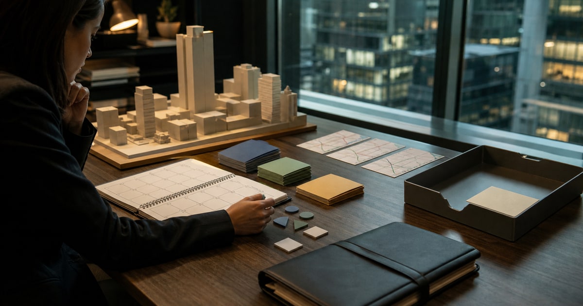 An event researcher reviews blank calendar blocks, access tokens, an anonymous New York venue model, and an incomplete program tray.